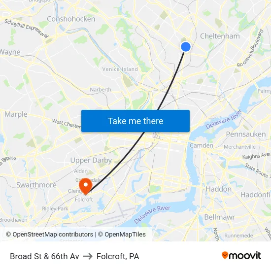 Broad St & 66th Av to Folcroft, PA map