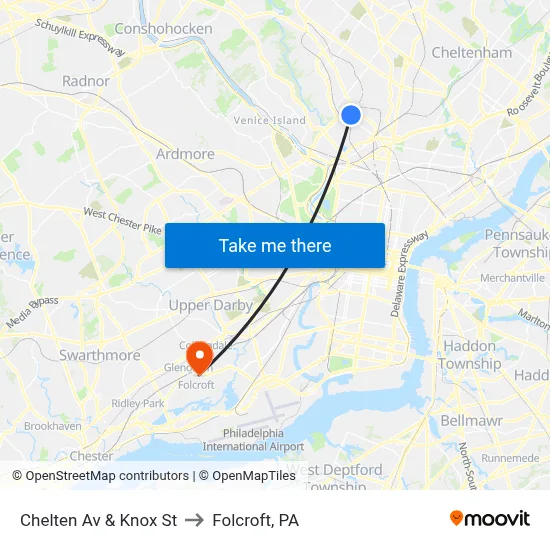 Chelten Av & Knox St to Folcroft, PA map