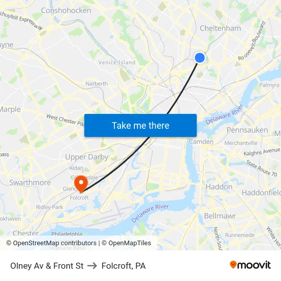 Olney Av & Front St to Folcroft, PA map
