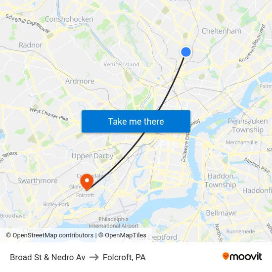Broad St & Nedro Av to Folcroft, PA map
