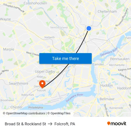Broad St & Rockland St to Folcroft, PA map