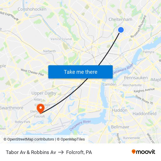 Tabor Av & Robbins Av to Folcroft, PA map