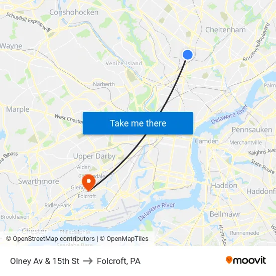 Olney Av & 15th St to Folcroft, PA map