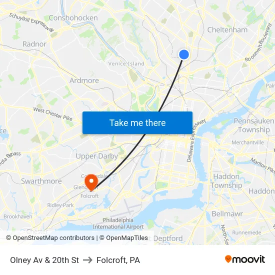 Olney Av & 20th St to Folcroft, PA map