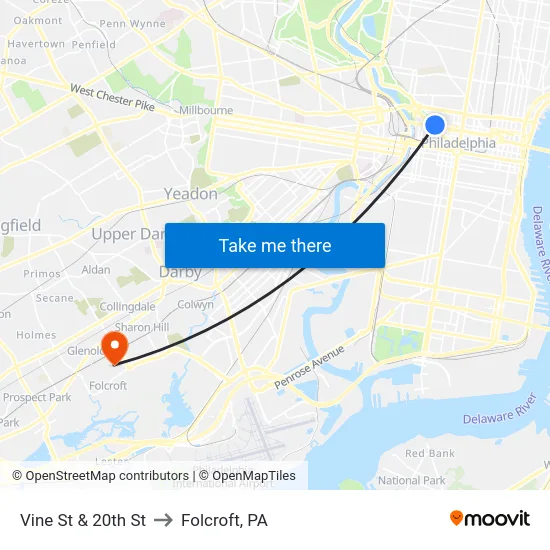Vine St & 20th St to Folcroft, PA map