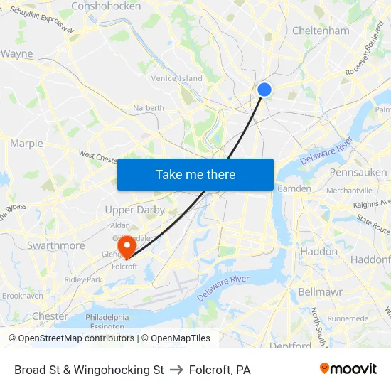 Broad St & Wingohocking St to Folcroft, PA map