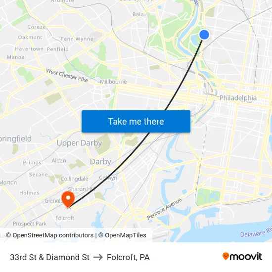 33rd St & Diamond St to Folcroft, PA map