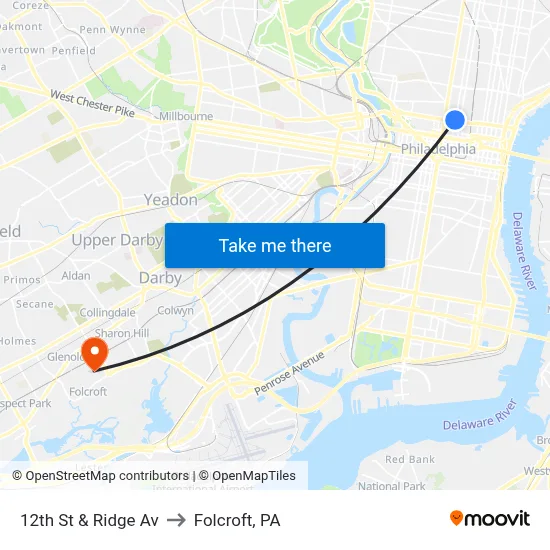 12th St & Ridge Av to Folcroft, PA map