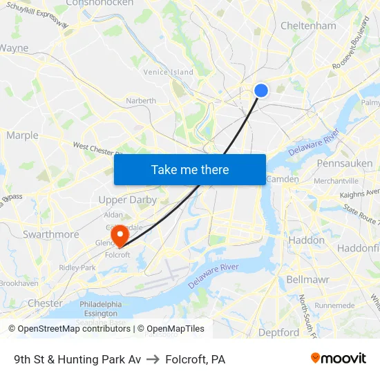 9th St & Hunting Park Av to Folcroft, PA map