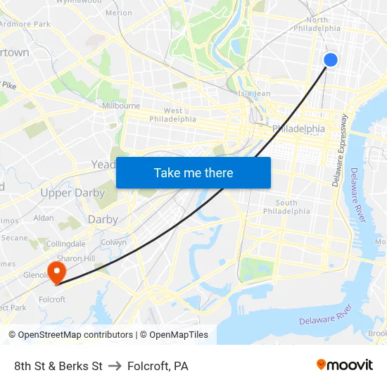 8th St & Berks St to Folcroft, PA map