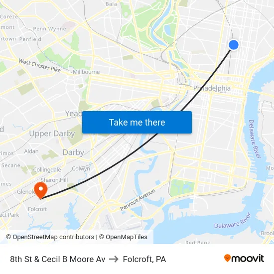 8th St & Cecil B Moore Av to Folcroft, PA map