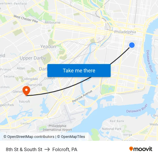 8th St & South St to Folcroft, PA map
