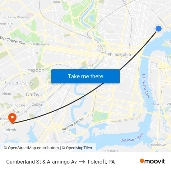 Cumberland St & Aramingo Av to Folcroft, PA map