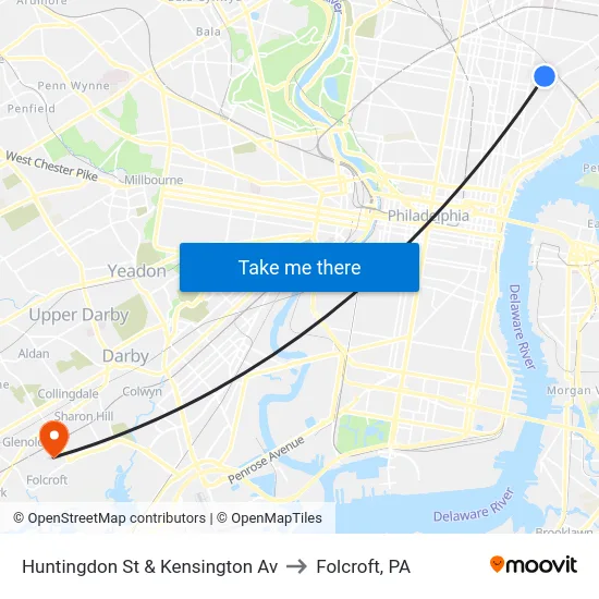 Huntingdon St & Kensington Av to Folcroft, PA map