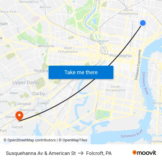 Susquehanna Av & American St to Folcroft, PA map