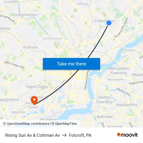 Rising Sun Av & Cottman Av to Folcroft, PA map
