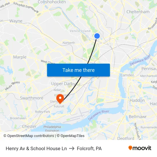 Henry Av & School House Ln to Folcroft, PA map