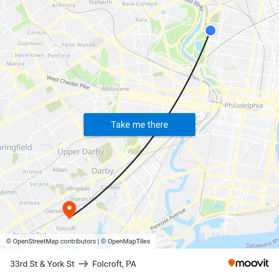 33rd St & York St to Folcroft, PA map