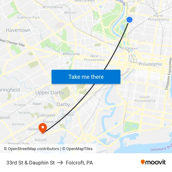 33rd St & Dauphin St to Folcroft, PA map