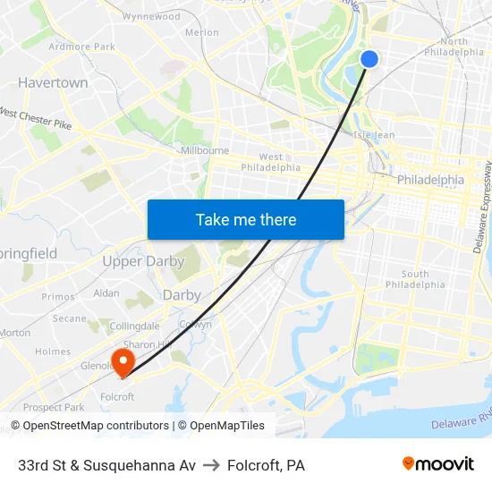 33rd St & Susquehanna Av to Folcroft, PA map