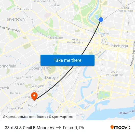33rd St & Cecil B Moore Av to Folcroft, PA map