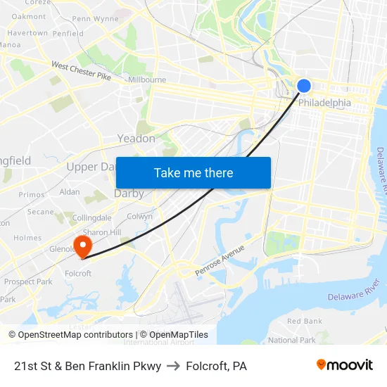 21st St & Ben Franklin Pkwy to Folcroft, PA map