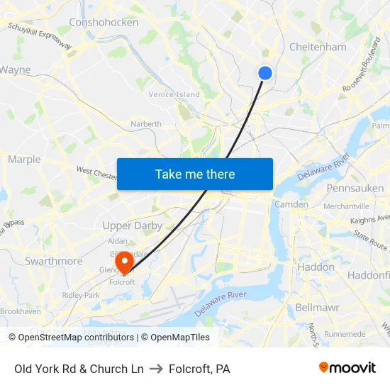 Old York Rd & Church Ln to Folcroft, PA map