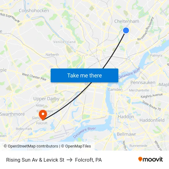 Rising Sun Av & Levick St to Folcroft, PA map
