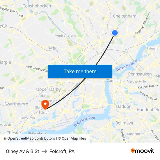 Olney Av & B St to Folcroft, PA map