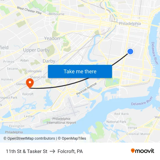 11th St & Tasker St to Folcroft, PA map