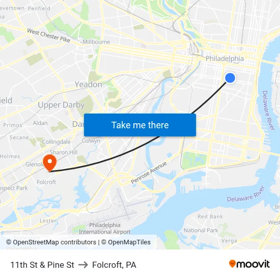 11th St & Pine St to Folcroft, PA map