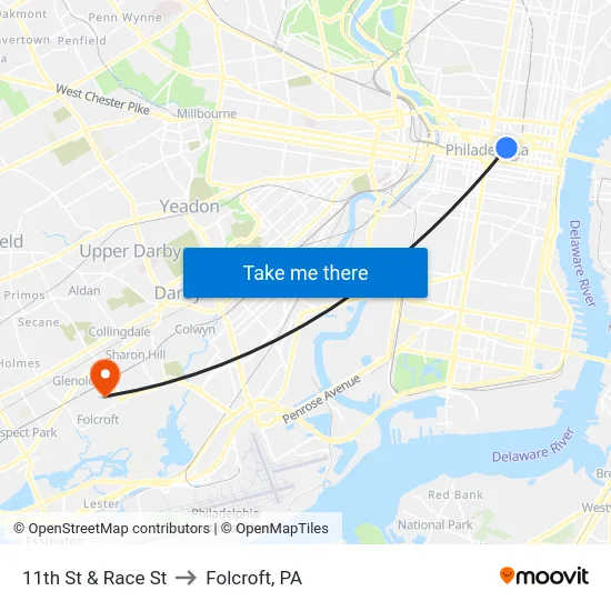 11th St & Race St to Folcroft, PA map