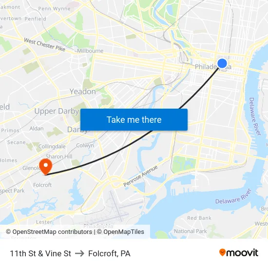 11th St & Vine St to Folcroft, PA map