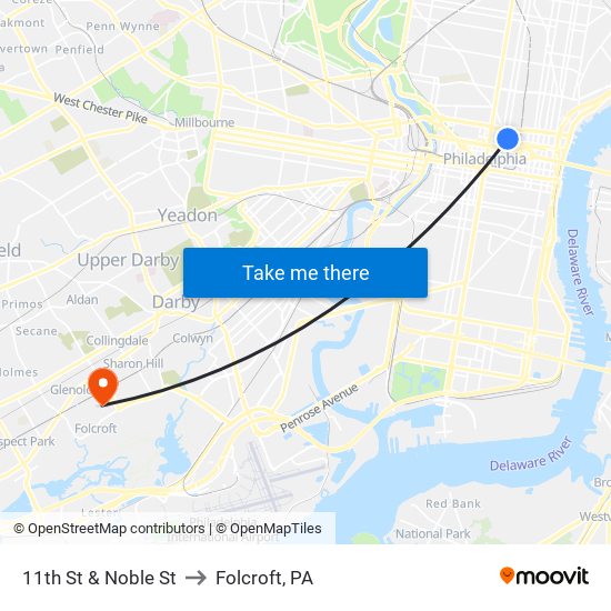 11th St & Noble St to Folcroft, PA map