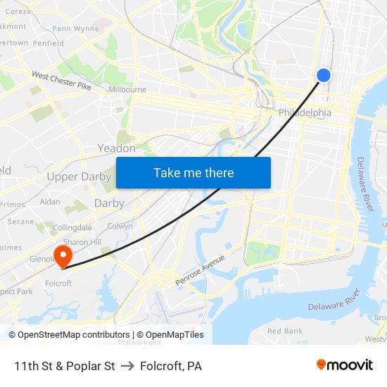 11th St & Poplar St to Folcroft, PA map