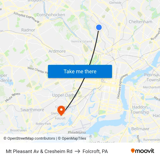 Mt Pleasant Av & Cresheim Rd to Folcroft, PA map