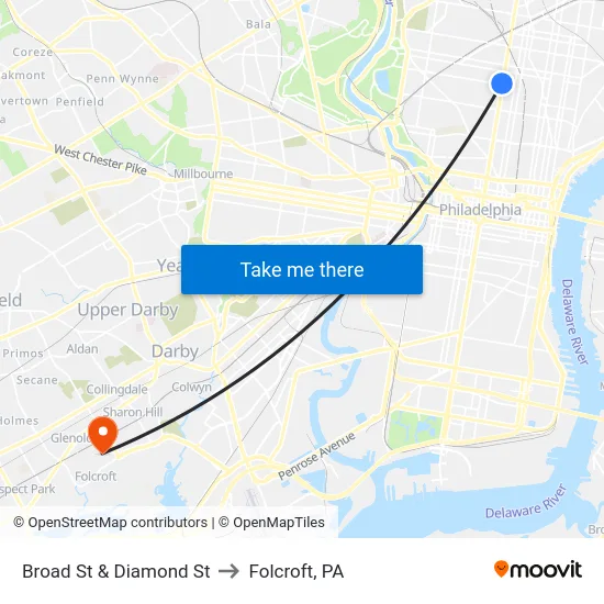 Broad St & Diamond St to Folcroft, PA map