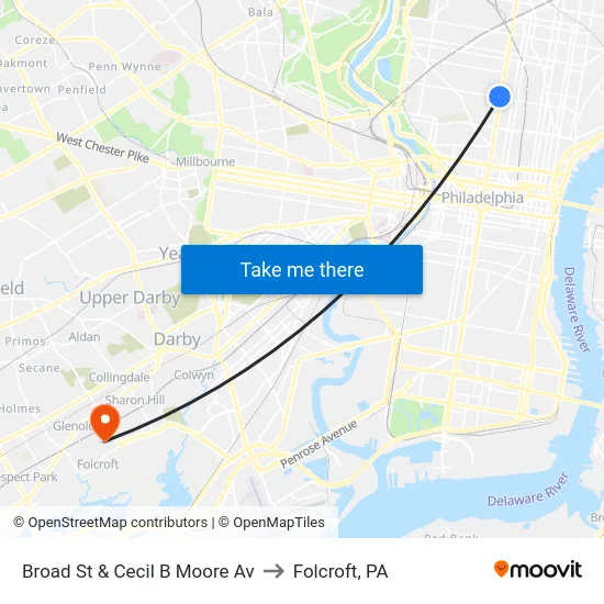 Broad St & Cecil B Moore Av to Folcroft, PA map