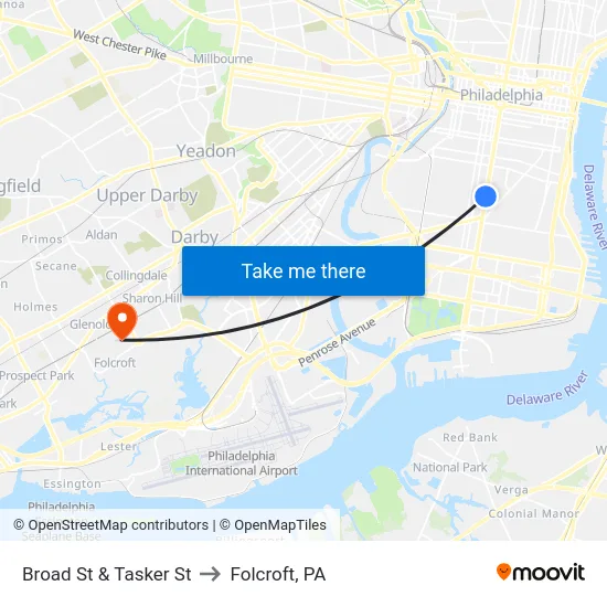 Broad St & Tasker St to Folcroft, PA map