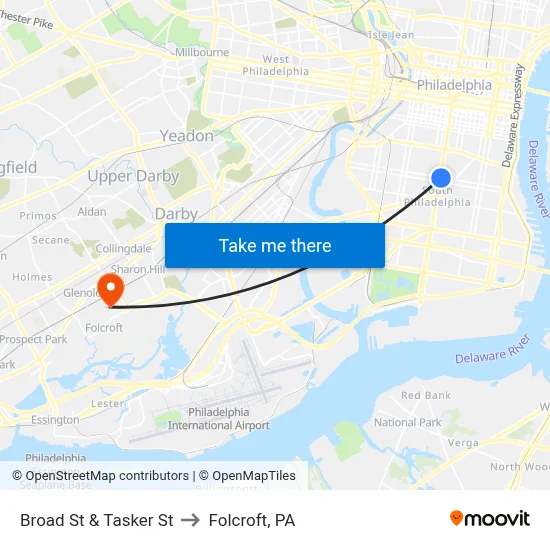 Broad St & Tasker St to Folcroft, PA map