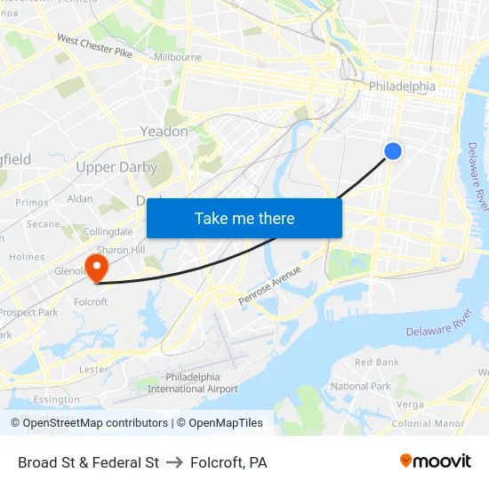 Broad St & Federal St to Folcroft, PA map