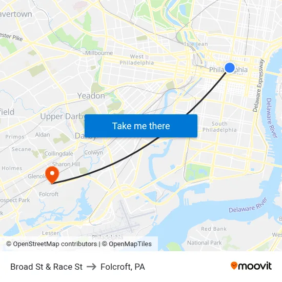 Broad St & Race St to Folcroft, PA map