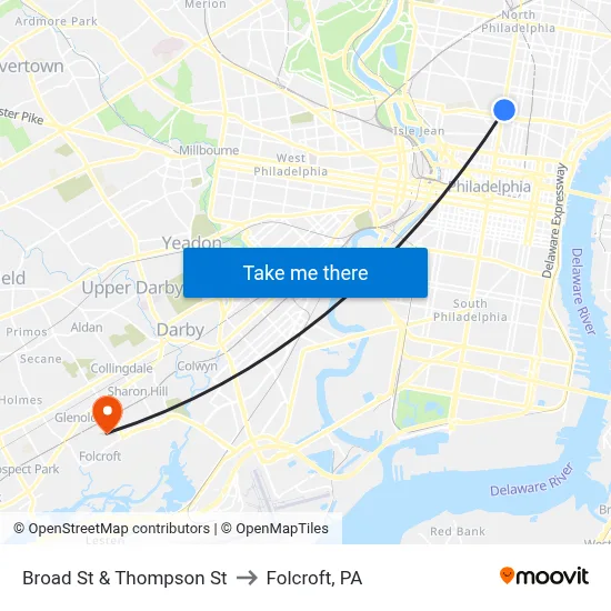 Broad St & Thompson St to Folcroft, PA map