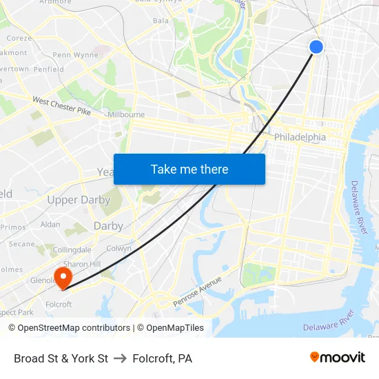 Broad St & York St to Folcroft, PA map