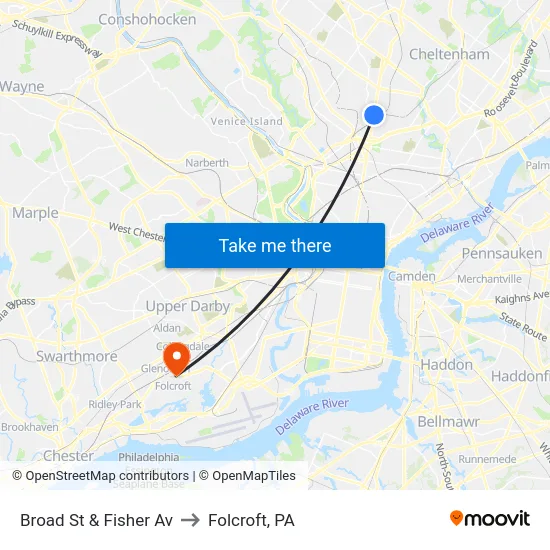 Broad St & Fisher Av to Folcroft, PA map