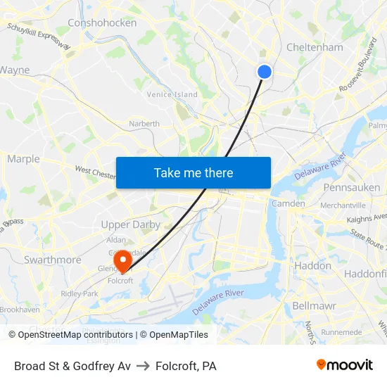 Broad St & Godfrey Av to Folcroft, PA map
