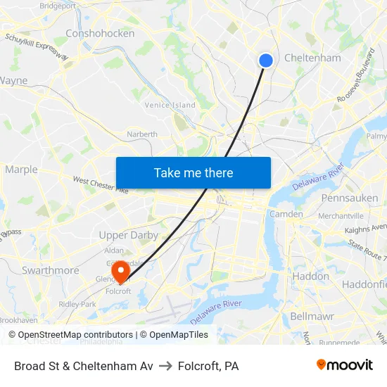 Broad St & Cheltenham Av to Folcroft, PA map