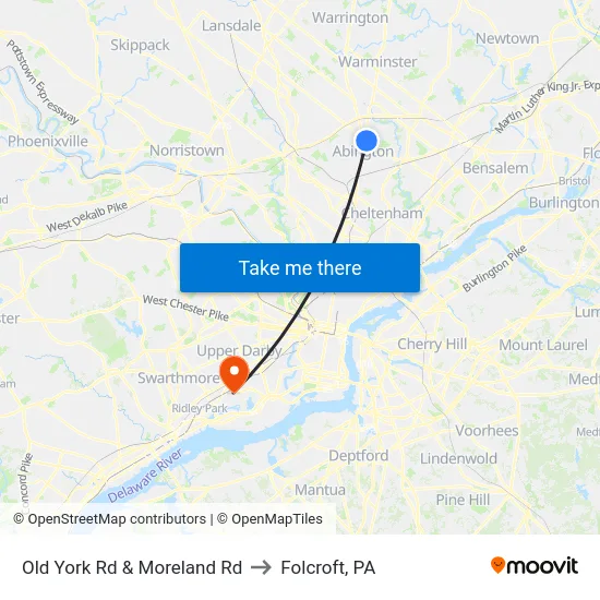 Old York Rd & Moreland Rd to Folcroft, PA map