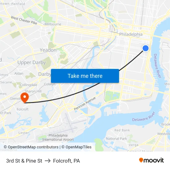 3rd St & Pine St to Folcroft, PA map