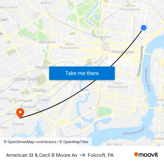 American St & Cecil B Moore Av to Folcroft, PA map